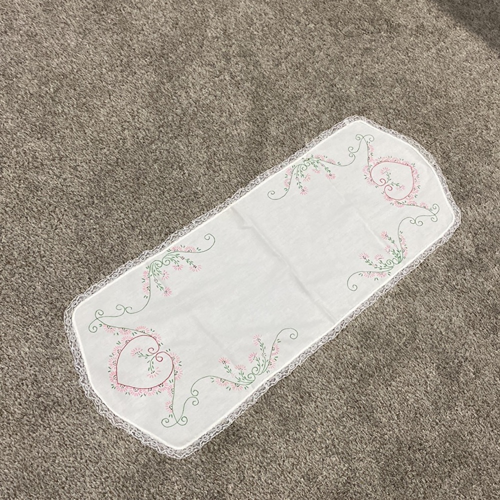 Vintage Hand Embroidered Heart Floral Table Runner - Pink & Green!